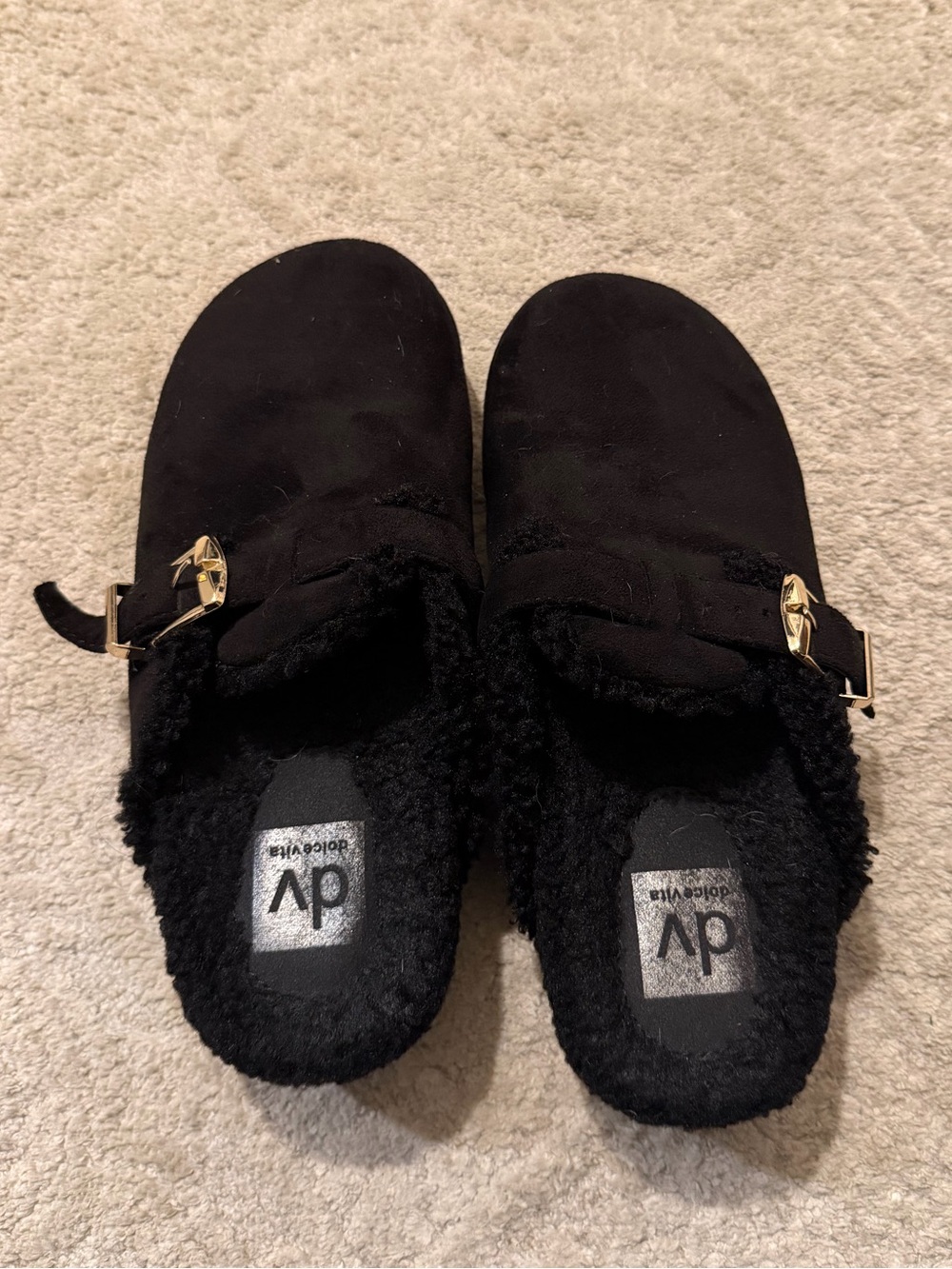 DV by Dolce Vita Black Faux-Shearling Mule Clogs with Gold Buckles